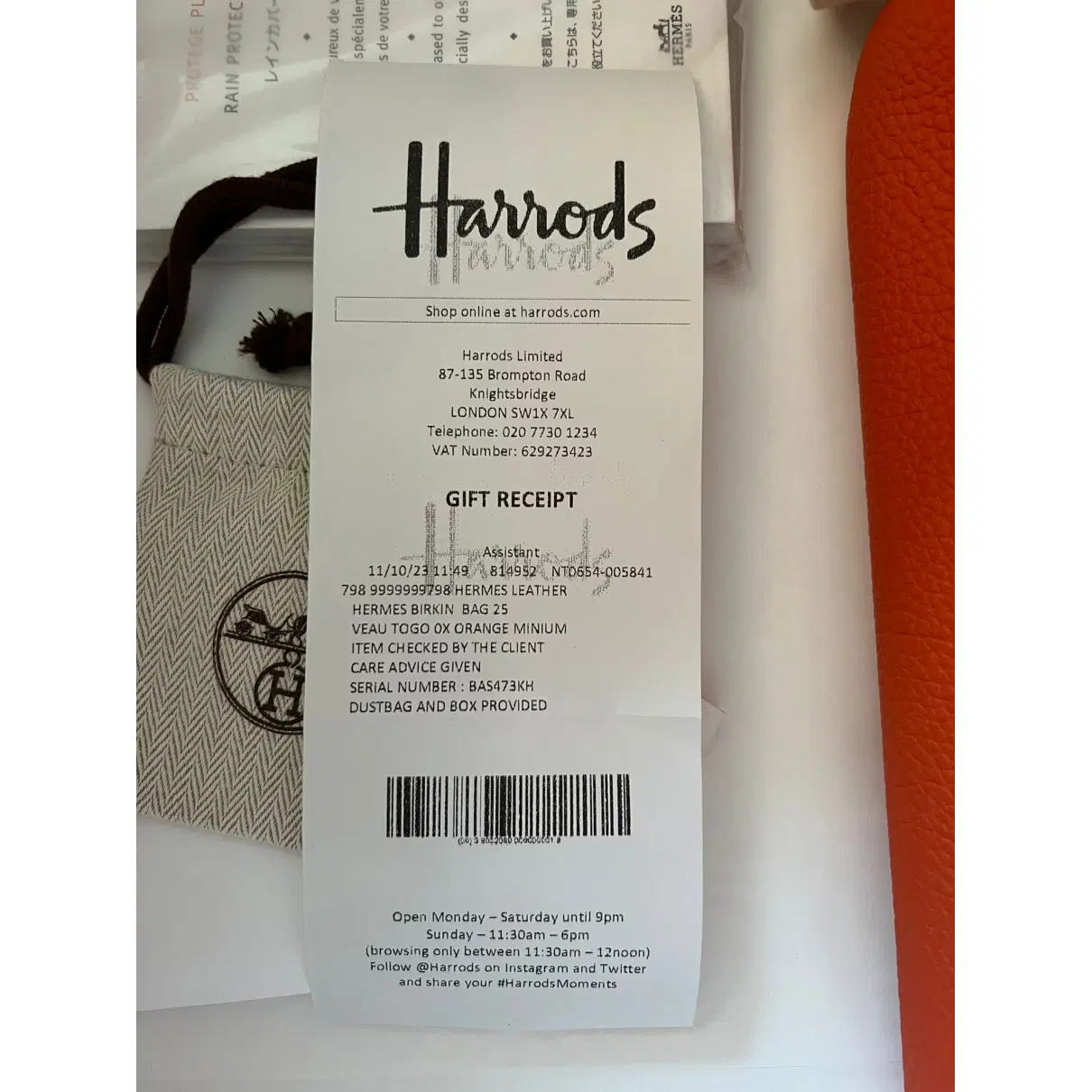 Harrods gift receipt for a Hermès Birkin bag