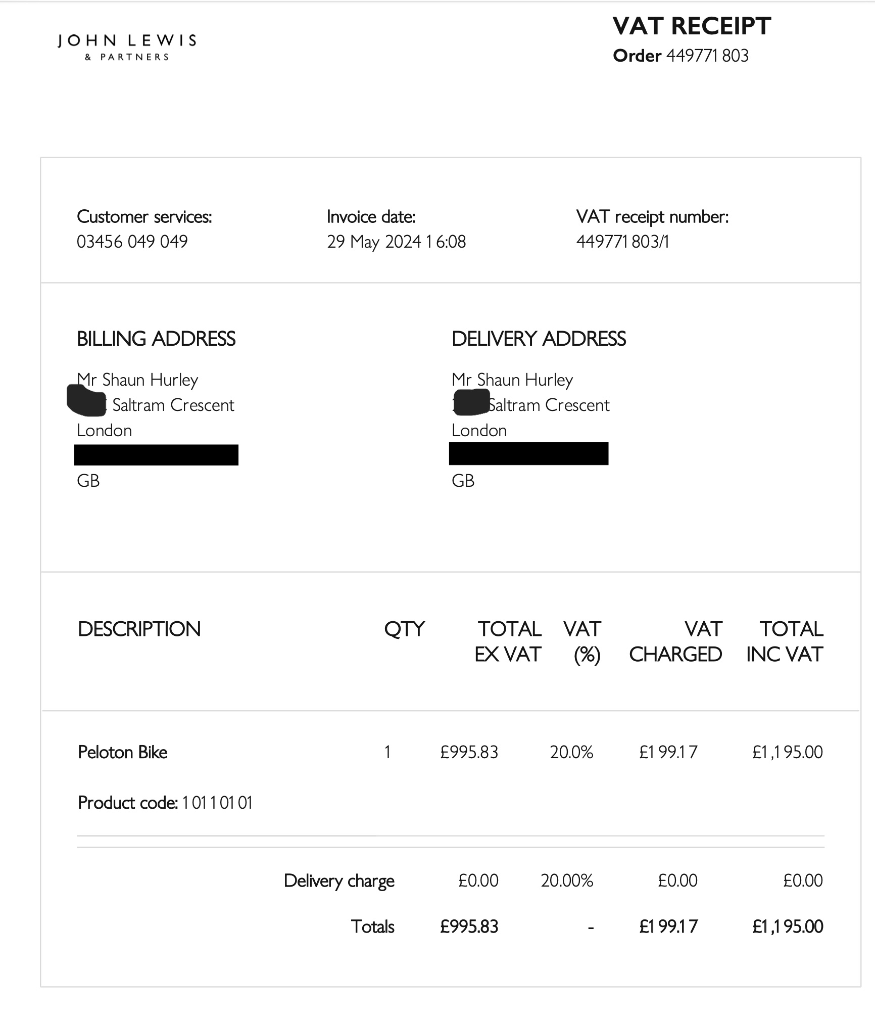 John Lewis VAT receipt